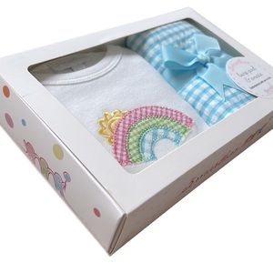 3 Marthas Burp Pad & Onesie Gift Set Sz 3-6m Embroidered Rainbow Applique Blue